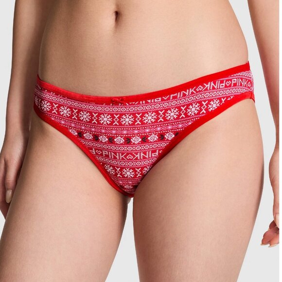 VS PINK COTTON VELVET-TRIM BIKINI PANTY HOLIDAY WINTER (M) NWT! - Picture 1 of 9